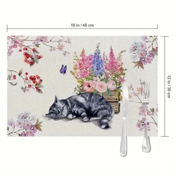 Floral Sleepy Tigger Cat Linen Placemats, Set of 4 - Picture 3 of 4